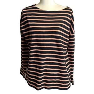 J Jill 100% Cotton Boatneck Long Sleeve Pink and Blue Stripe Top Size XS Classic
